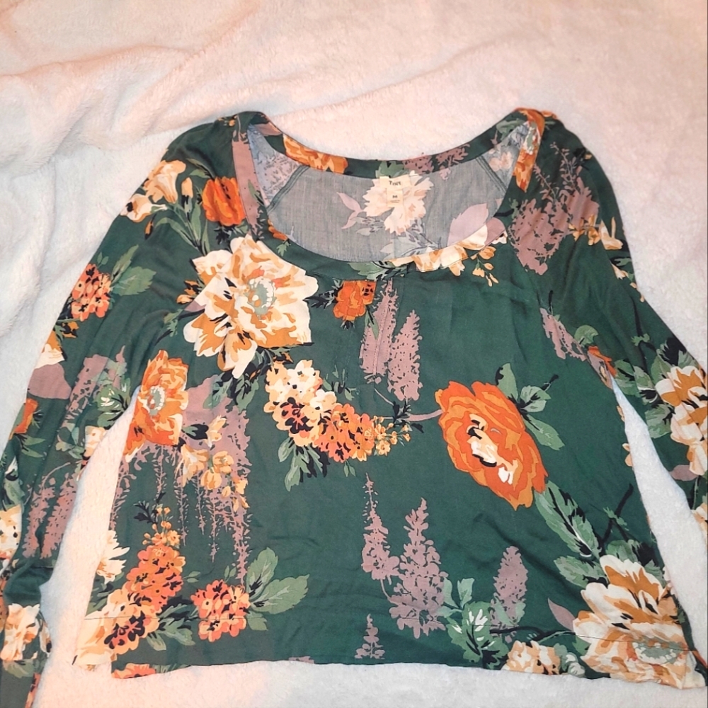 TINY Gray and Green Graphic Blouse with Unique Neckline